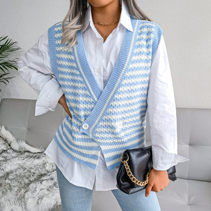 Stripe College Knitted Vest Sweater Women Clothing