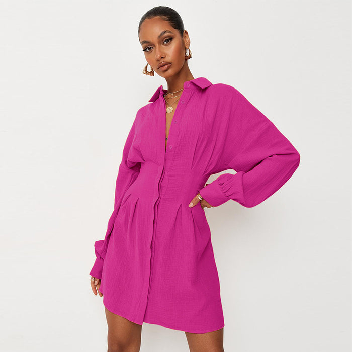 Waist Trimming Shirt Dress  Elegant Pleated Long Sleeve Drape Cotton A- line