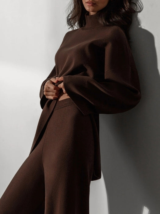 Autumn Winter Comfortable Turtleneck Asymmetric Hem Wide Leg Trousers Suit