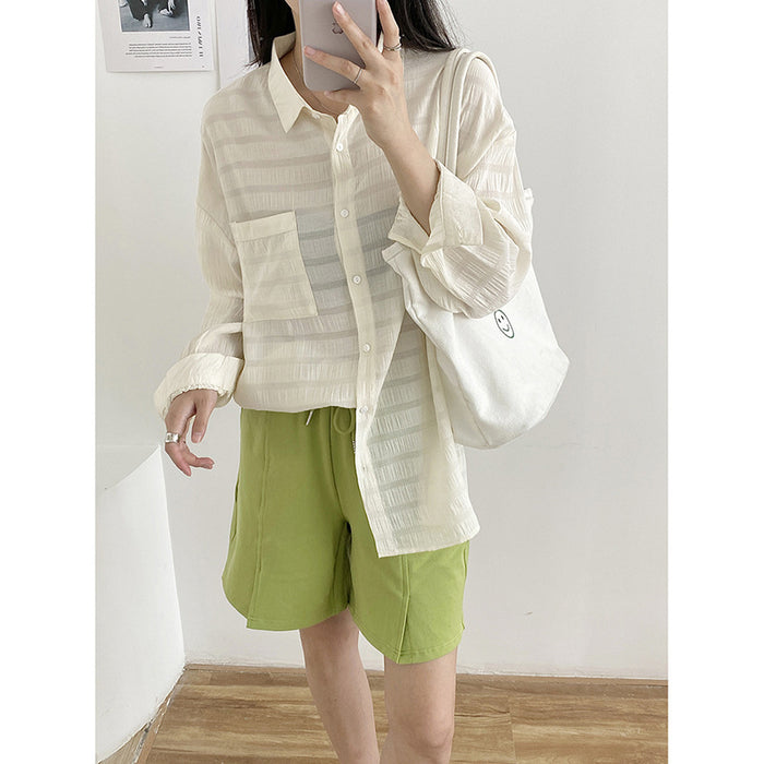 Horizontal Texture Profile Sun Protection Shirt for Women Summer Loose Japanese Retro Shirt