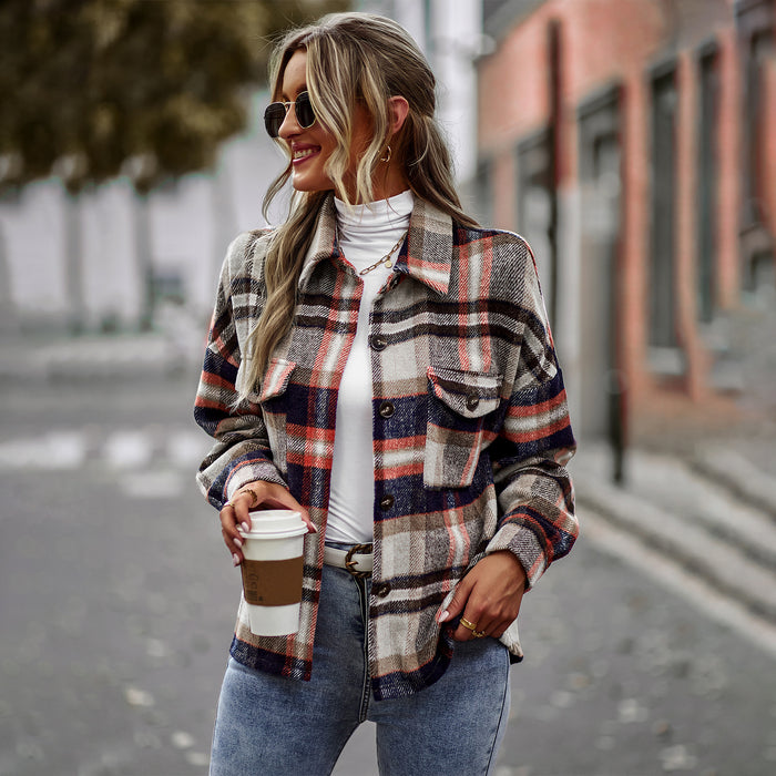 Plaid Shacket Autumn Winter Long Sleeved Shirt Casual Women