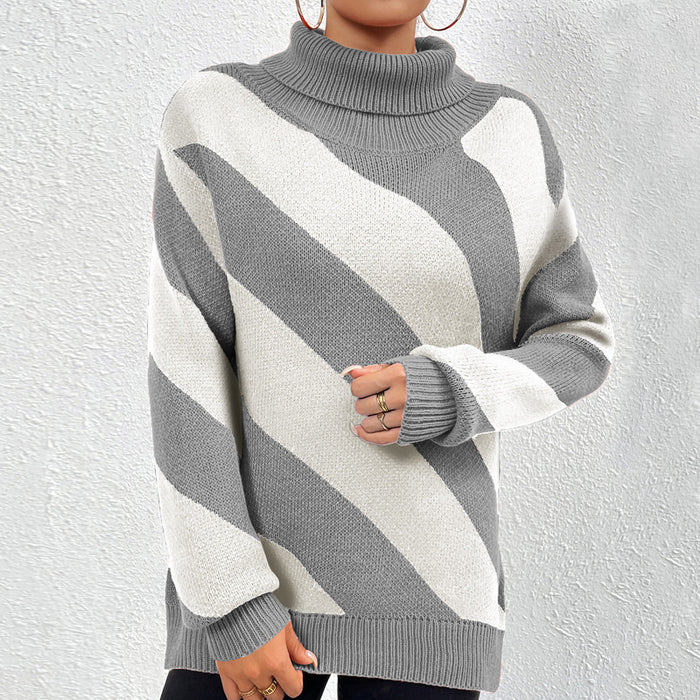 Autumn Winter Turtleneck Pullover Contrast Color Diagonal Striped Knitted Bottoming Shirt Women