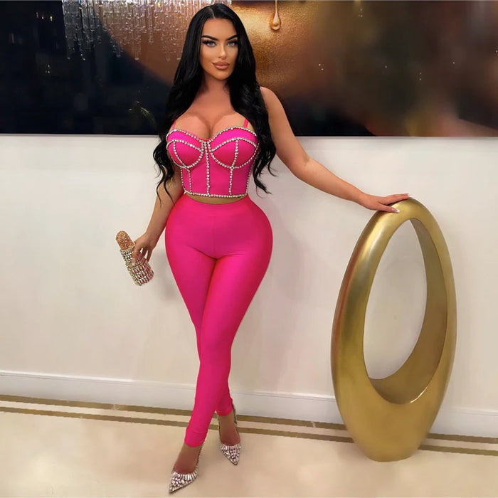 Sexy Women Body Shaping Rhinestone Sling High Waist Tight Trousers Two Piece Set