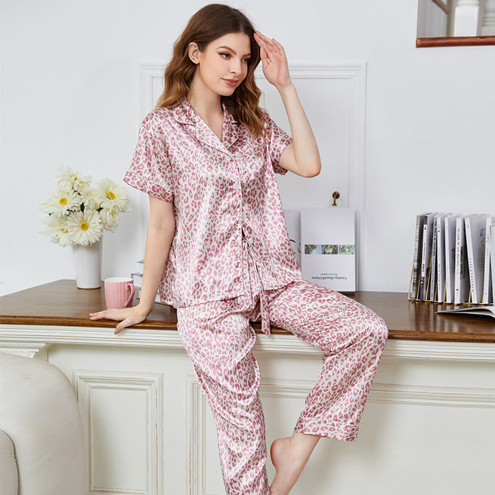 Cardigan Button Ice Silk Pajamas Summer Sexy Short Sleeved Trousers Homewear Suit Casual Leopard Print Pajamas