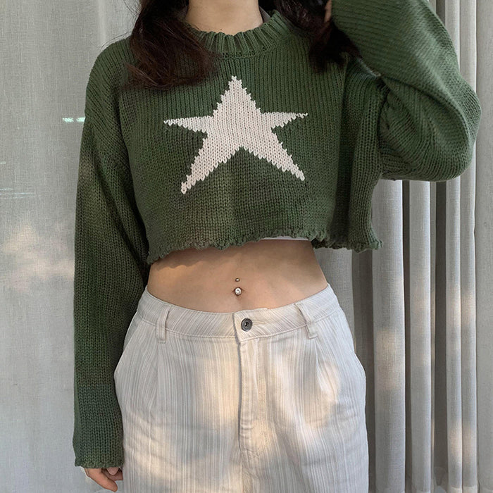 Casual Idle Five Pointed Star Sweater Color Contrast Short Cropped round Neck Pullover Loose Knit Tops Outerwear