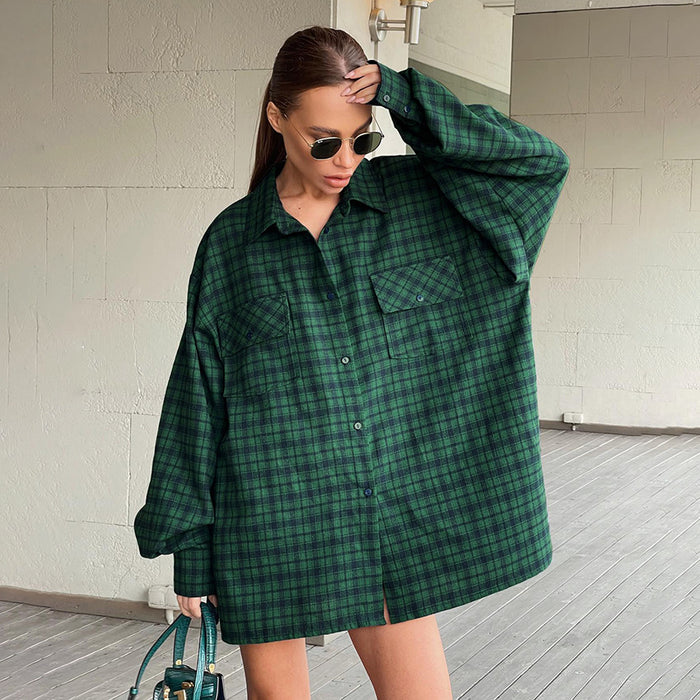 Women  Clothing Retro Plaid Shirt Green Boyfriend Mid Length Loose Oversize Shirt