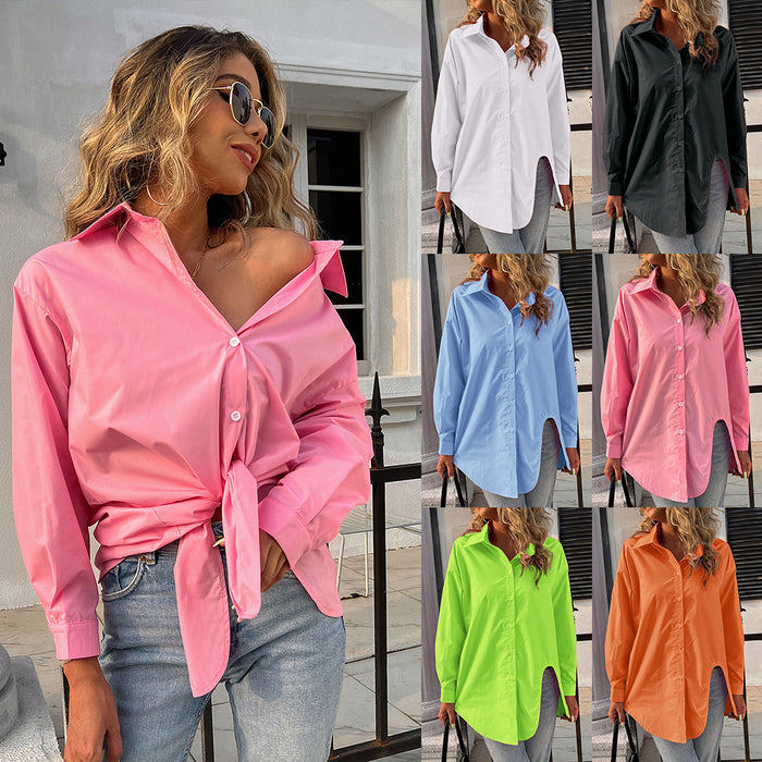 Summer Women Clothing Fashion V-neck Long Sleeve Solid Color Top Loose Casual Shirt Women Summer