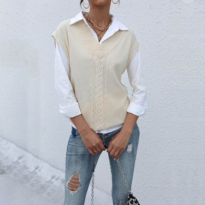 Autumn Winter Casual Top Solid Color Cable Knit Sweater Vest Women