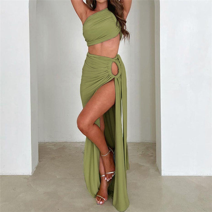 Autumn Winter Women  Clothing Sexy Oblique Shoulder Backless Vest Slim Fit Slit Skirt Set Women