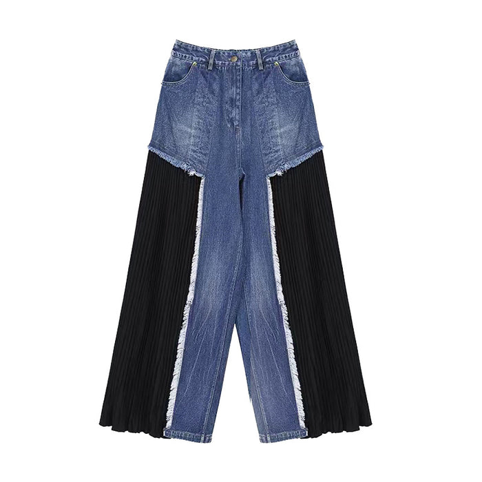 Spring Summer Denim Stitching Pleated Color Matching Loose Wide Leg Jeans Slimming Street Jeans