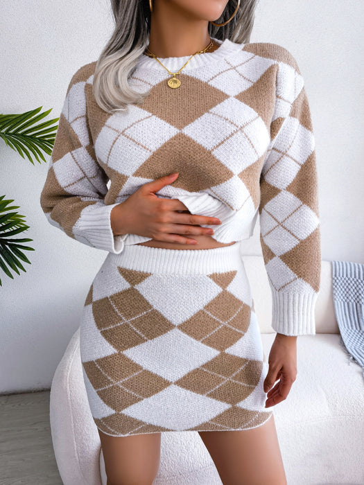 Autumn Winter Hit Color Diamond Lattice cropped Sweater Bag Hip Skirt Casual Suit Women Clothing