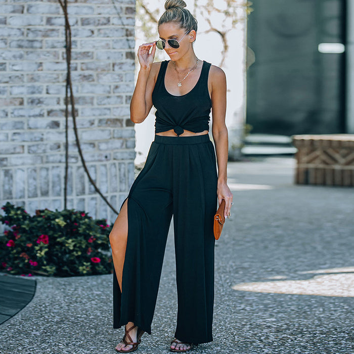 Solid Color All Matching Slit Casual Pants Summer Women High Waist Wide Leg Pants All Matching Trousers