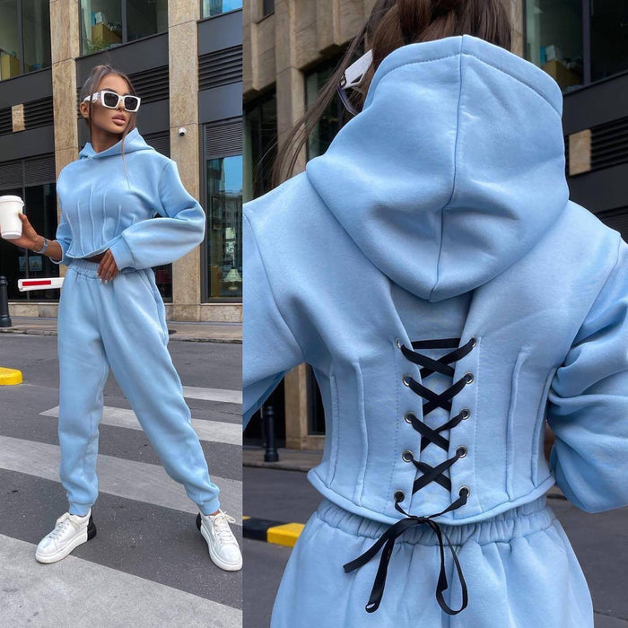 Hoodie Set Women  Fall Winter Cinched Hoodie Sweater Casual Jogger Pants Two Piece Set