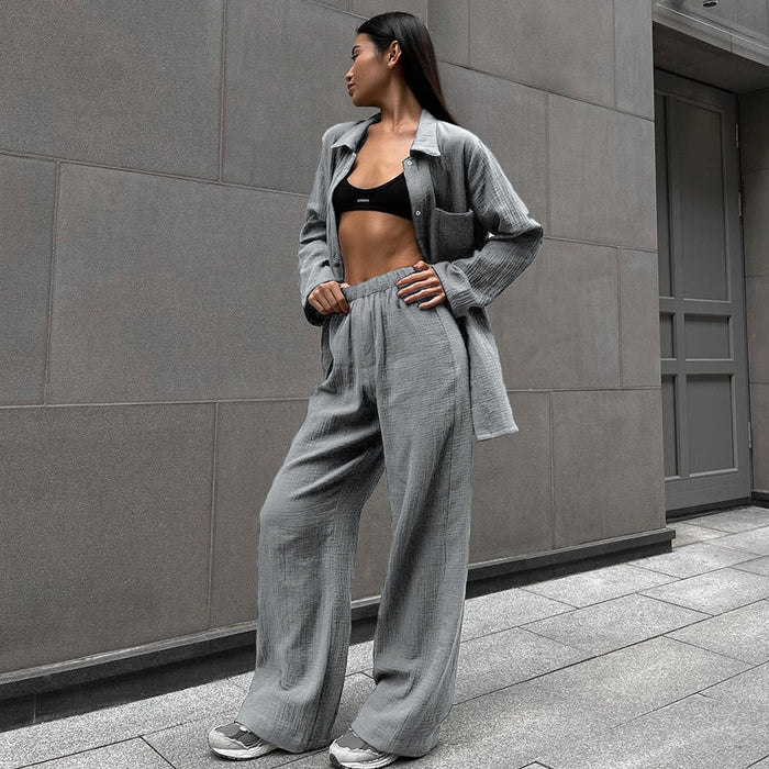 Autumn Pure Cotton Gray Long Sleeve Cardigan Pajamas Two Piece Loose Comfortable Trousers Ladies Homewear