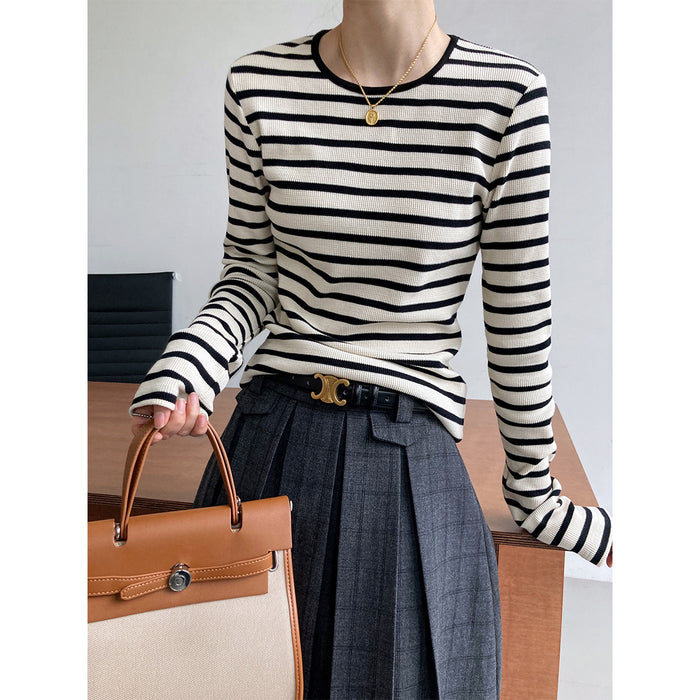 Spring Striped Long Sleeved  shirt Women Slim Fit Slimming Inner Bottoming Shirt Top