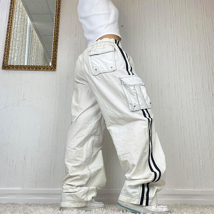 Street Cool Black White Ribbon Pocket Stitching Casual Jeans Waist Drawstring Design Trendy Straight Leg Pants