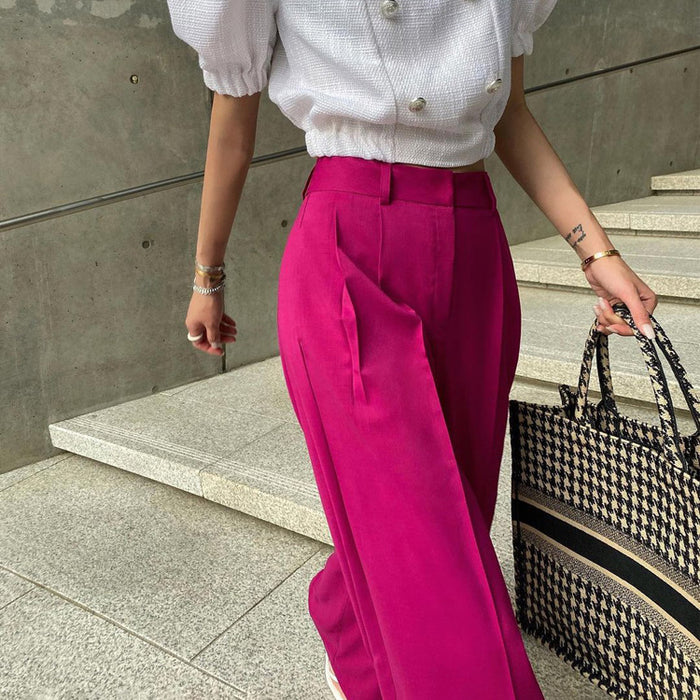 Spring Summer Pink Casual Wide-Leg Pants Women High Waist Drooping Straight Loose Trousers