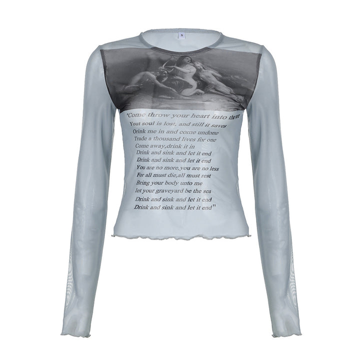 Street Hipster Letter Graphic Print Contrast Color Sexy Mesh See through Long Sleeve T shirt Top