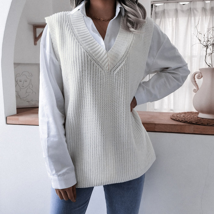 Autumn Winter V-neck Casual Loose Knitted Sweater Vest Jacket Women Clothing