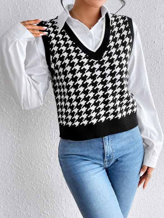 Autumn Winter Simple Contrast Color Matching Houndstooth Pullover Vest Knitted Sweater