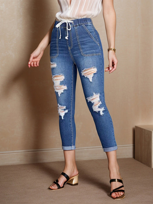 Stretch Jeans Women Tight High Waist Ripped Ankle Tied Pants Hip Lifting Jeans