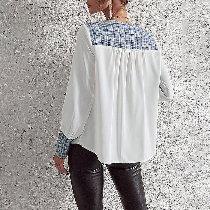 Stitching Shirt Spring Summer Long Sleeved Top Women Clothing