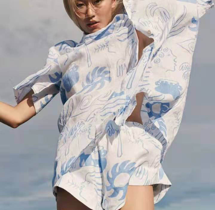 Spring Summer Casual Holiday Idle Creative Printing Shirt Shorts Suit