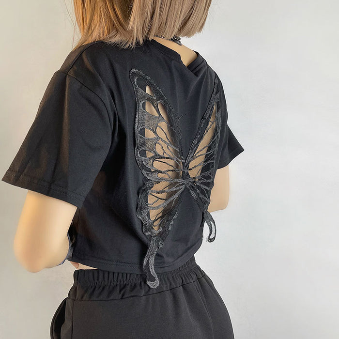 Black Lace Butterfly Exposed Cropped Short T-shirt Fashionable Loose   Hollow Out Cutout Short Sleeve Top