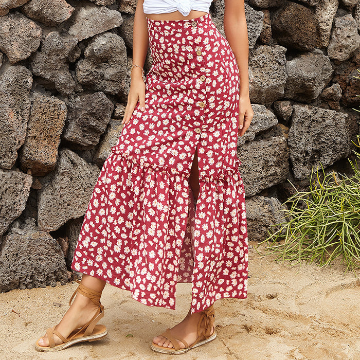 Printed Button Split Wooden Ear Skirt for Women Summer