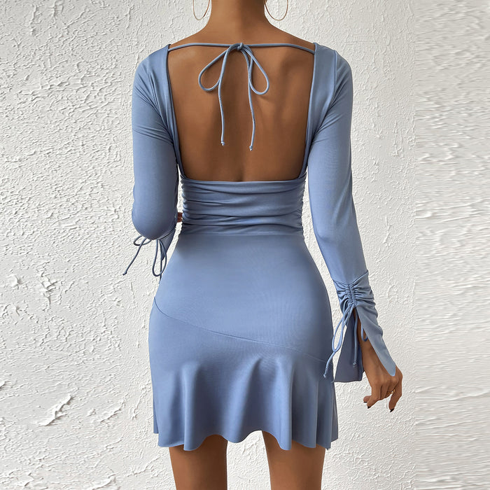 Deep V Plunge Neck Hip Dress Summer Sexy Backless Lace Up Drawstring Short Dress