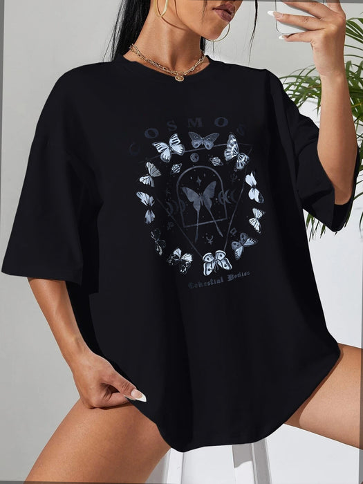 Casual Black T Shirt Simple Round Neck Short Sleeve Women Top Loose Butterfly Print