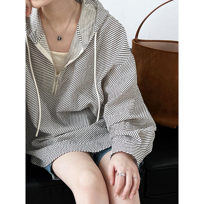 Idle Striped Casual Hooded Shirt Women Design Half Thin Coat with Zip Breathable Top