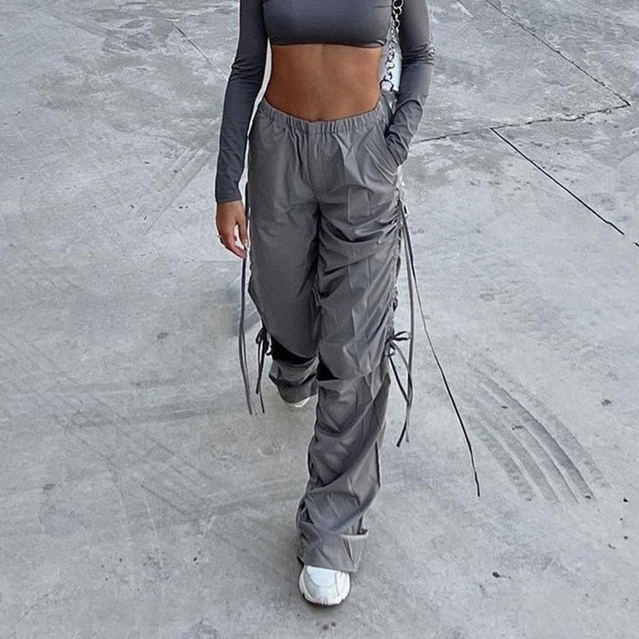 Casual Loose Fitting Wide Leg Trousers Women Street Drawstring Ripped Women Clothing Overalls