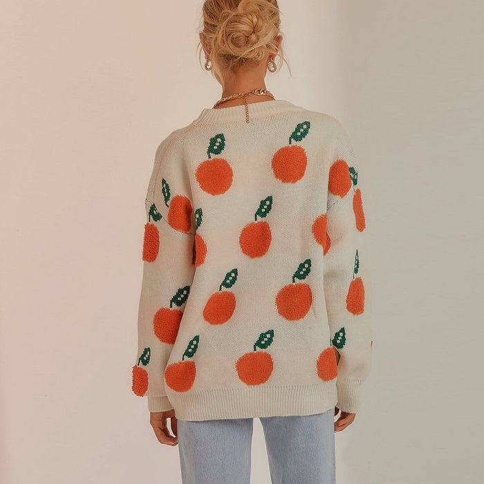 Autumn Winter Casual Loose Orange Pattern round Neck Long Sleeve Knitted Pullover Sweater Women