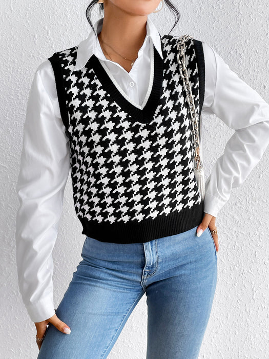 Autumn Winter Simple Contrast Color Matching Houndstooth Pullover Vest Knitted Sweater