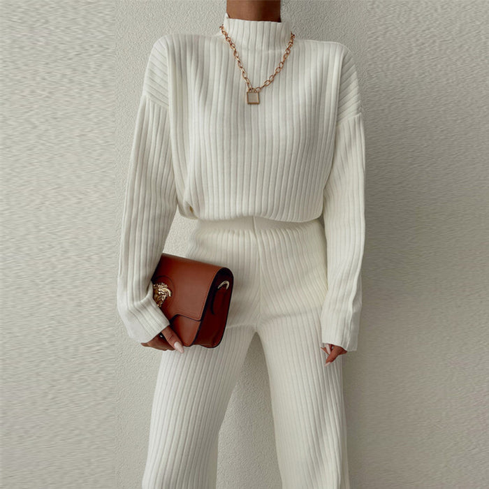 Two Piece Set Fashionable Casual Figure Flattering Half High Collar Long Sleeves Solid Color Knitting Women