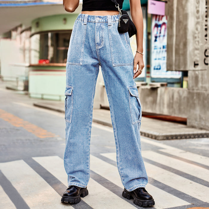 Washed Semi Elastic Design Personality Denim Cargo Pants Casual Pants Women