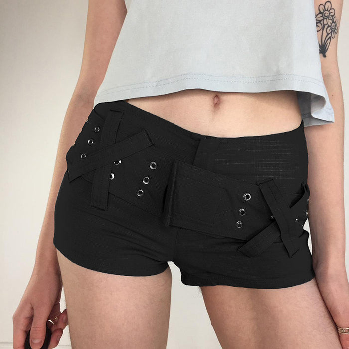 Design Sexy Low Waist Shorts Hook Loop Belt Stitching Solid Color Tight Stretch Jeans