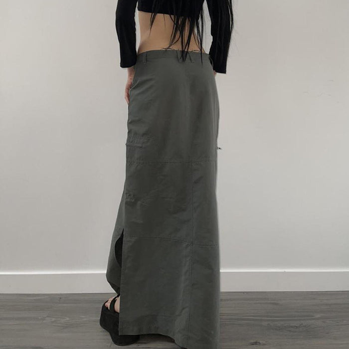 Street Old Washed Gray Low Waist All-Match Tutu Irregular Asymmetric Slit Tooling Casual Skirt