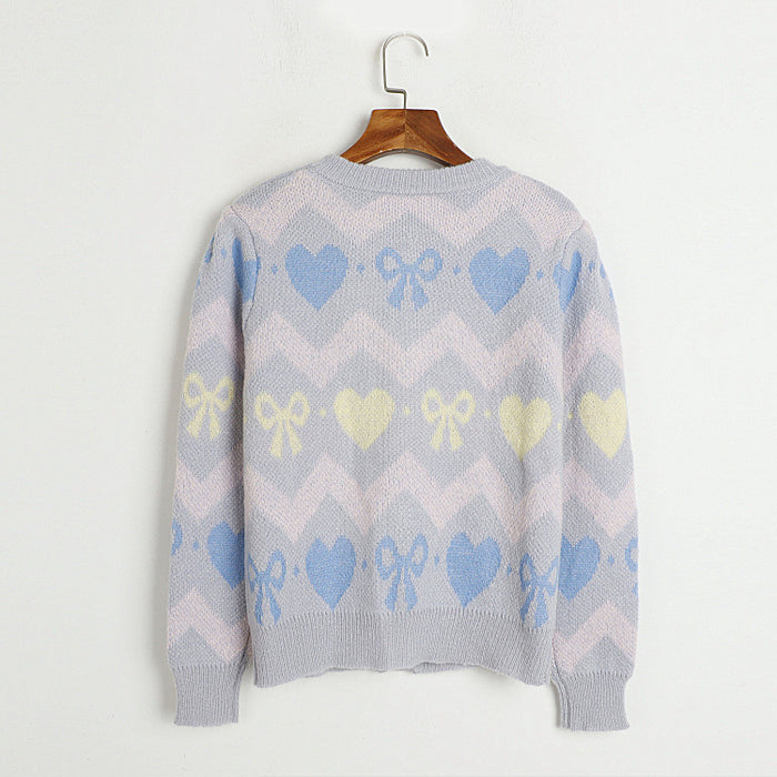 Heart Shaped Bow Brocade Sweater Autumn Winter Korean Loose Round Neck Single Breasted Sweater Women