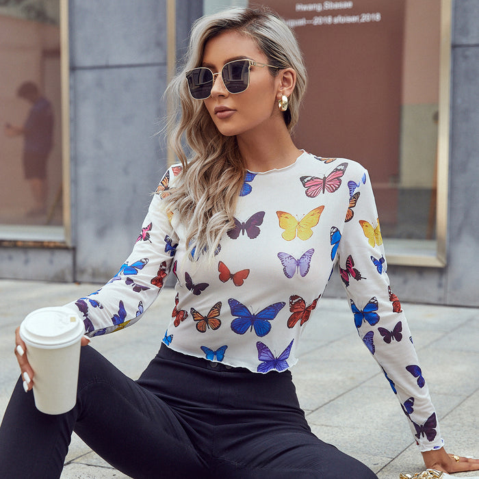 Autumn Winter Casual Slim Butterfly Printed Long Sleeve Women T-shirt Tops