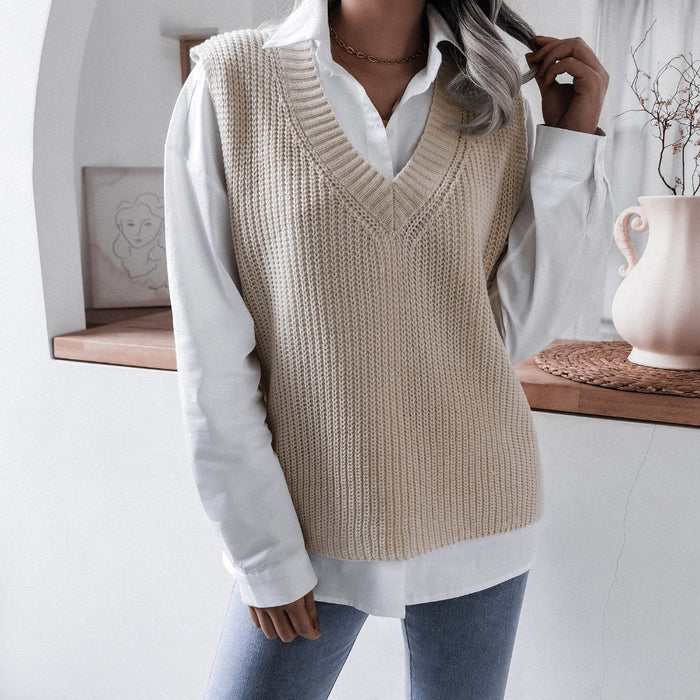 Autumn Winter V-neck Casual Loose Knitted Sweater Vest Jacket Women Clothing