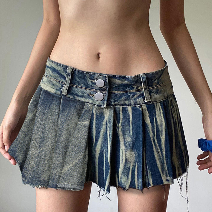 Street Women Clothing Washed Do the Old Cowboy Miniskirt Sexy Low Waist Two Button Frayed Pleated Skirt