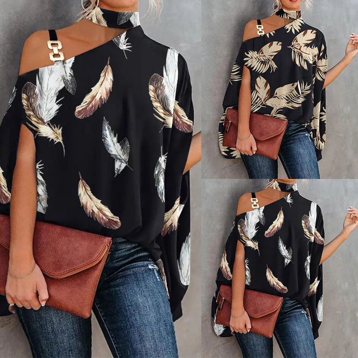 Summer Wish Women Clothing Printed Sexy Diagonal Collar Loose Top