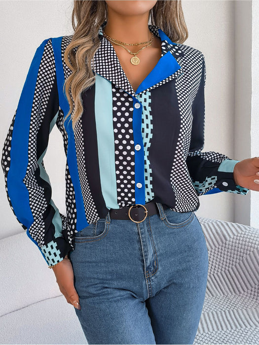 Autumn Winter Commuting Elegant Contrast Color Polka Dot Collar Long Sleeve Shirt Women Clothing