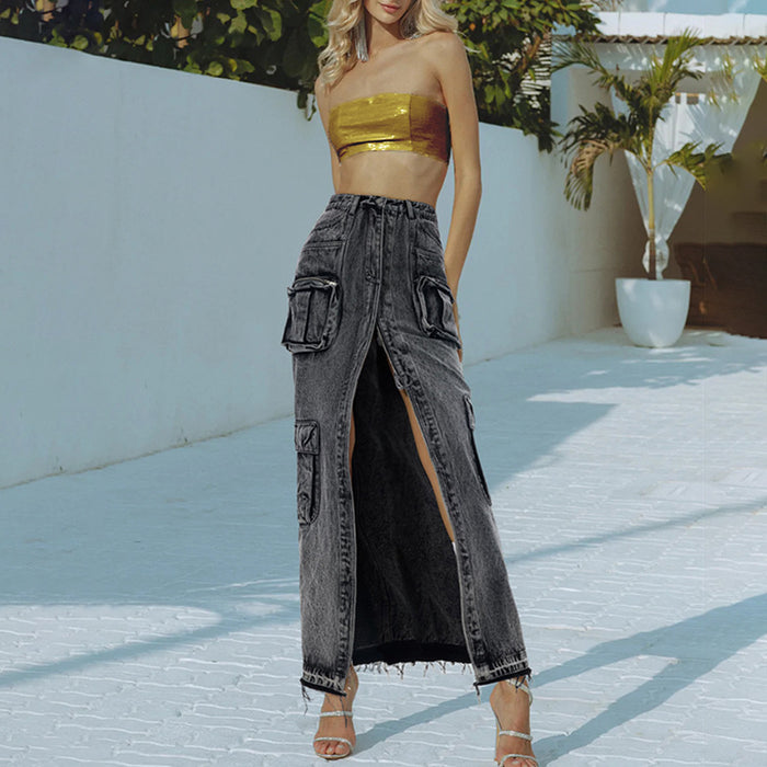 Hipsters High Street Spring High Waist Long Straight Front Slit Design Denim Solid Color Women  Skirt