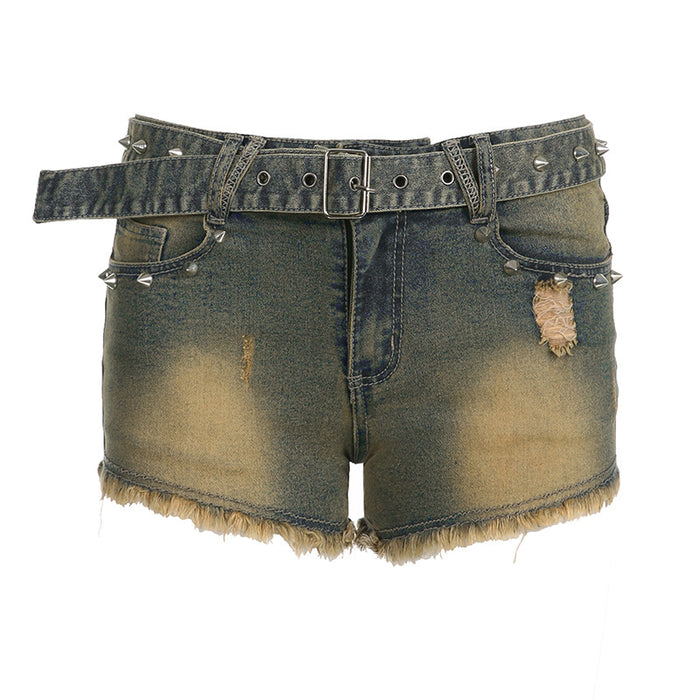 Retro Low Waist Denim Shorts Punk Sexy Personality Rivets Belt Distressed Shorts