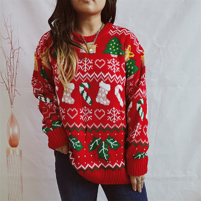 Christmas Sweater Christmas Stockings Snowflake Sweater Loose Round Neck Long Sleeve Sweater Women