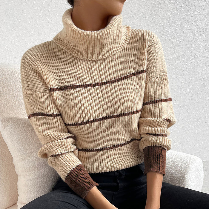 Casual Striped Contrast Color Top High Necked All Matching Casual Sweater Loose Sweater