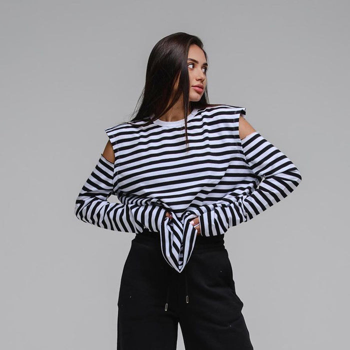 Summer Women  Clothing Striped Crew Neck Long Sleeves off Shoulder Loose Fitting T shirt Top Women